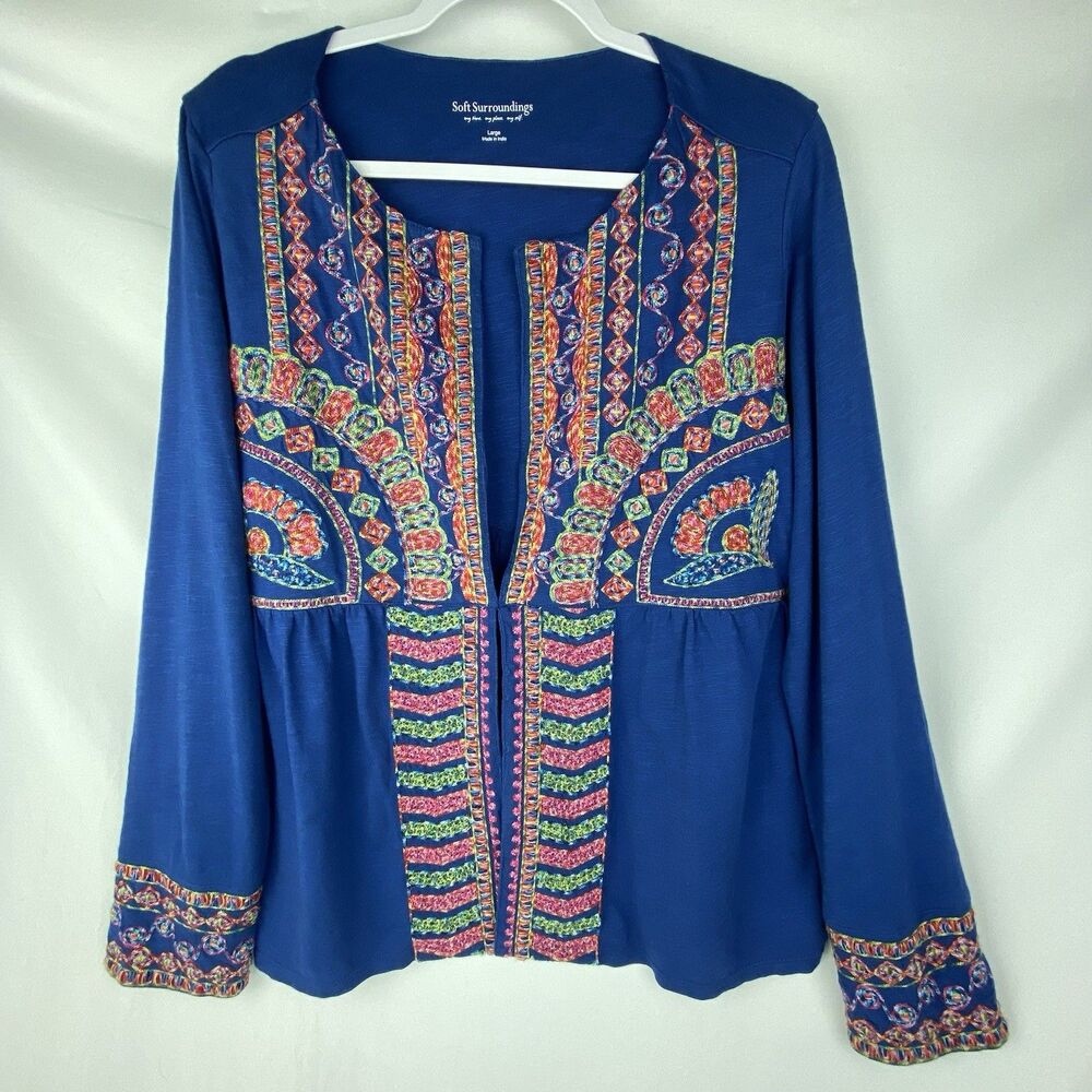 Soft Surroundings Cardigan Womens Large Blue Rainbow Embroidered Artsy Boho‎